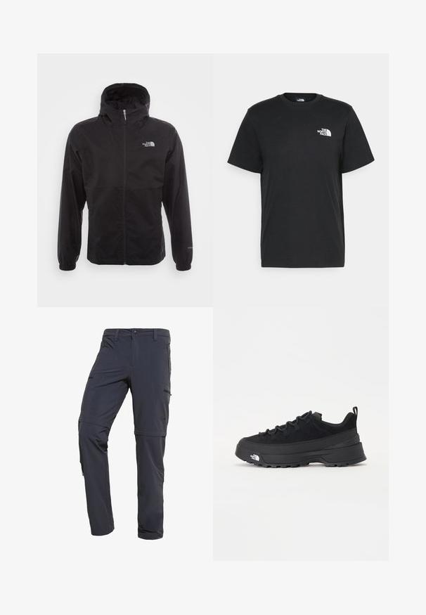 Black waterproof jacket with a full zip, adjustable hood, elastic cuffs, and a logo on the chest; lightweight, smooth texture.; Black cotton t-shirt with short sleeves, crew neck, and a small white logo on the left chest. Simple design, smooth texture, and relaxed fit.; The North Face EXPLORATION CONVERTIBLE PANT - Trousers - asphalt grey; Black outdoor sneaker with a suede upper, textured rubber sole, and sturdy lacing system. Features a reinforced heel and brand logo on the side.