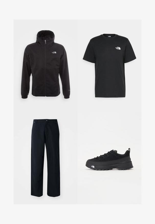 Zwarte waterdichte jack met volledige rits, verstelbare capuchon, elastische manchetten en een logo op de borst; lichtgewicht, gladde textuur.; Zwarte katoenen T-shirt met korte mouwen, ronde hals en een klein wit logo op de linkerkant van de borst. Eenvoudig ontwerp, gladde textuur en een comfortabele pasvorm.; Zwarte, wijde broek van een katoenmix. Kenmerkt zich door een knoopsluiting, voorzakken en subtiele stikdetails.; Zwarte outdoor sneaker met een suede bovenkant, een gestructureerde rubberen zool en een stevig vetersysteem. Heeft een versterkte hiel en een merklogo aan de zijkant.
