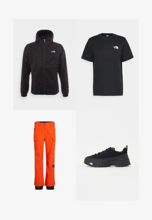 Must have veekindel must jope täispikksu lõpetusega, reguleeritava kapuutsiga, elastsete mansettide ning rinnal oleva logoga; kerge, sile tekstuur.; Musthave musta puuvillane T-särk lühikeste varrukatega, ümmargune kaelus ja väike valge logo vasakul rinnal. Lihtne disain, sile tekstuur ja mugav lõige.; Oranžid suusipüksid veekindlast kangast, millel on mitu cargo-taskut ja mustad aksendid allosas vastupidavuse tagamiseks.; Must musta jalats, millel on sametised ülemused, tekstuuriga kummist põhi ja vastupidav sidumise süsteem. Omab tugevdust kannaosas ja brändi logo küljes.