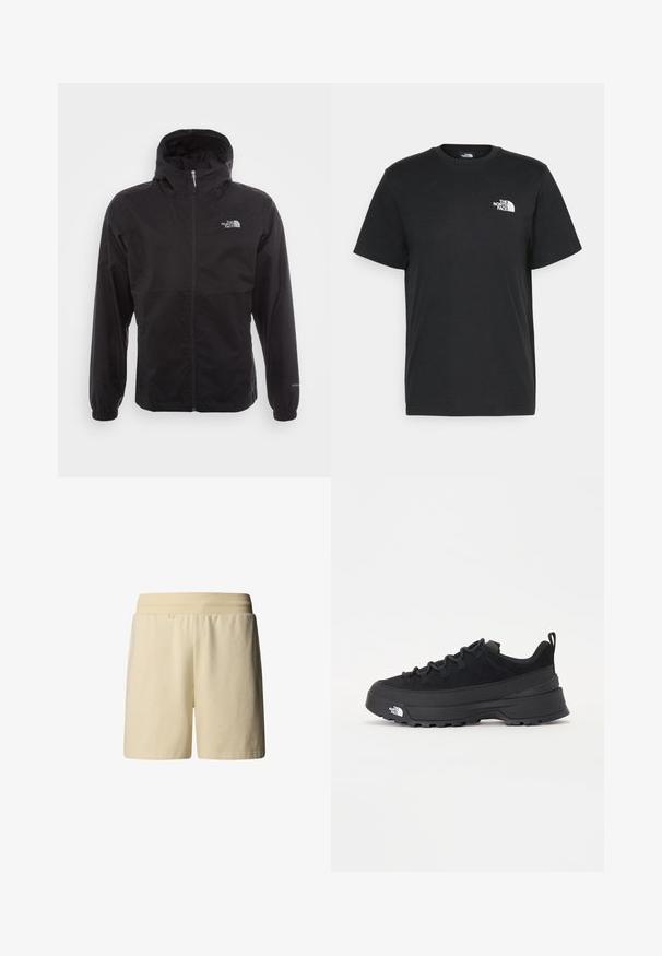 Zwarte waterdichte jack met volledige rits, verstelbare capuchon, elastische manchetten en een logo op de borst; lichtgewicht, gladde textuur.; Zwarte katoenen T-shirt met korte mouwen, ronde hals en een klein wit logo op de linkerkant van de borst. Eenvoudig ontwerp, gladde textuur en een comfortabele pasvorm.; Lichtbeige shorts van zachte katoen, met een elastische tailleband en een casual ontwerp zonder zichtbare zakken of patronen.; Zwarte outdoor sneaker met een suede bovenkant, een gestructureerde rubberen zool en een stevig vetersysteem. Heeft een versterkte hiel en een merklogo aan de zijkant.