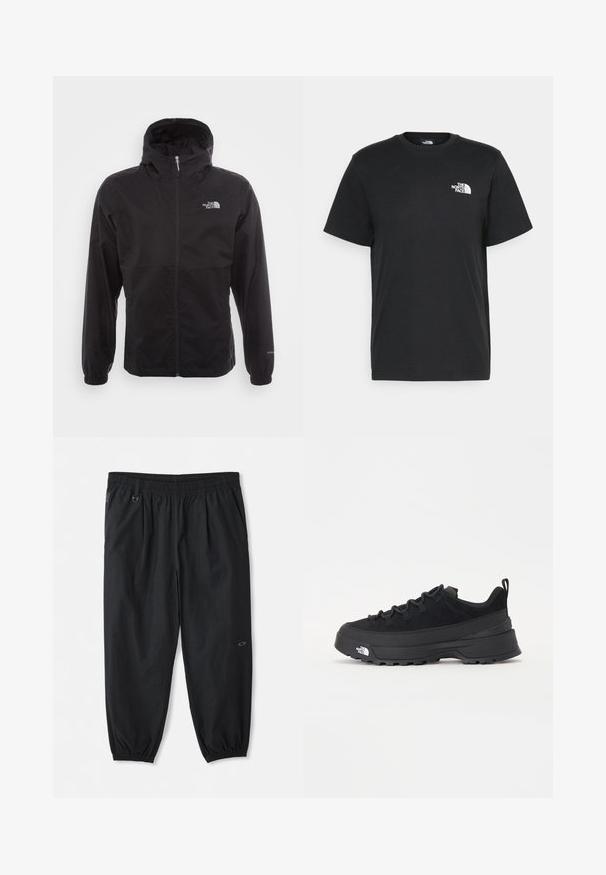 Svart vanntett jakke med full glidelås, justerbar hette, elastiske mansjetter og logo på brystet; lett, glatt tekstur.; Svart bomull t-skjorte med korte ermer, rund hals og en liten hvit logo på venstre bryst. Enkel design, glatt tekstur og avslappet passform.; Sorte, uformelle bukser med elastisk liv som har sidelommer, elastiske mansjetter ved ankelen, og en liten logo på høyre lår.; Svart utendørs sneakers med overdel i semsket skinn, teksturert gummisåle og solid snøresystem. Har forsterket hæl og merkevarelogo på siden.