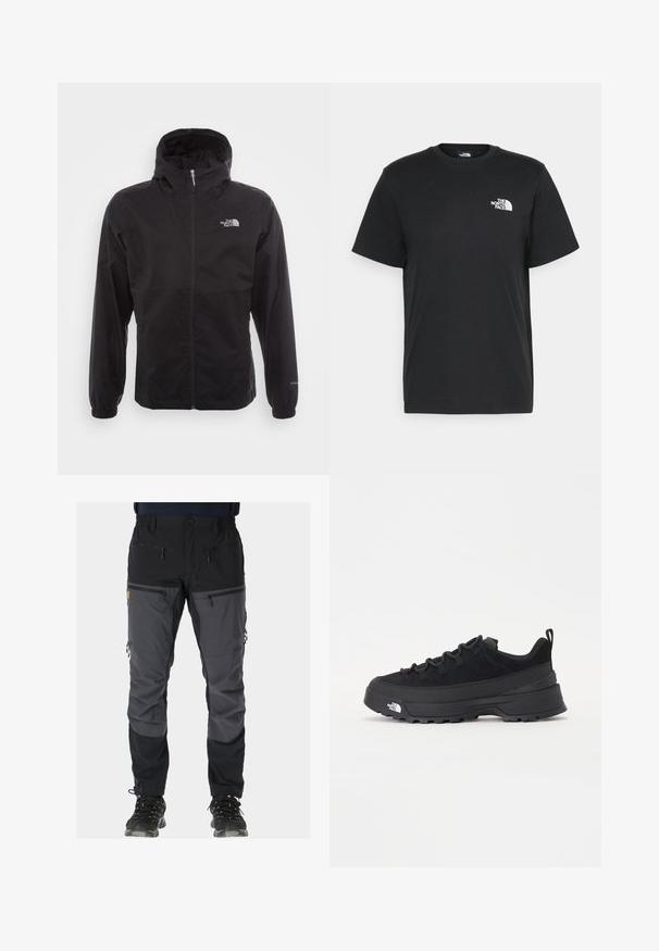 Zwarte waterdichte jack met volledige rits, verstelbare capuchon, elastische manchetten en een logo op de borst; lichtgewicht, gladde textuur.; Zwarte katoenen T-shirt met korte mouwen, ronde hals en een klein wit logo op de linkerkant van de borst. Eenvoudig ontwerp, gladde textuur en een comfortabele pasvorm.; Buitenbroek met een zwart en grijs kleurblokdesign, vervaardigd van duurzaam, lichtgewicht materiaal met meerdere ritszakken.; Zwarte outdoor sneaker met een suede bovenkant, een gestructureerde rubberen zool en een stevig vetersysteem. Heeft een versterkte hiel en een merklogo aan de zijkant.