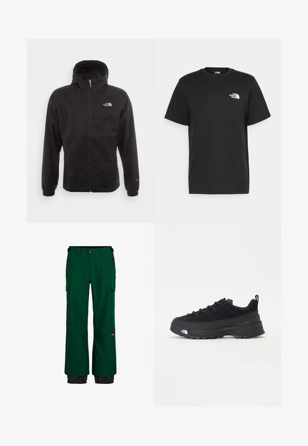 Czarna wodoodporna kurtka z pełnym zamkiem, regulowanym kapturem, elastycznymi mankietami i logo na piersi; lekka, gładka tekstura.; Czarna bawełniana koszulka z krótkimi rękawami, okrągłym dekoltem i małym białym logo na lewej piersi. Prosty design, gładka faktura i luźny krój.; Zielone wodoodporne spodnie narciarskie z kieszenią cargo, elastycznymi mankietami i kontrastującym czarnym dolnym brzegiem. Posiada suwaki i trwały materiał.; Czarne sneakersy outdoorowe z zamszowym wierzchem, teksturowaną gumową podeszwą i solidnym systemem sznurowania. Posiadają wzmocnioną piętę oraz logo marki na boku.