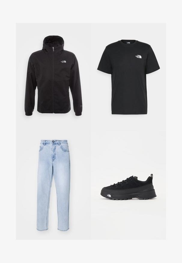 Črna vodotesna jakna s polnim zadrgo, nastavljivo kapuco, elastičnimi manšeti in logotipom na prsih; lahka, gladka tekstura.; Črna bombažna majica s kratkimi rokavi, okroglim izrezom in majhnim belim logotipom na levem prsnem delu. Preprost dizajn, gladka tekstura in sproščen kroj.; Svetlo modri kavbojki z ravnim krojem, ki imajo gumbasto zapiranje, stranske žepe in čisto robno obrobo brez okrasnih elementov.; Črne zunanje teniske s zgornjim delom iz usnja z nubukom, teksturiranim gumijastim podplatom in trdnim vezalnim sistemom. Imajo ojačan petni del in logotip blagovne znamke na strani.