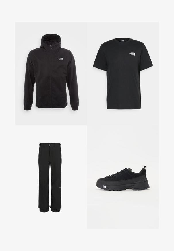 Chaqueta negra impermeable con cremallera completa, capucha ajustable, puños elásticos y un logo en el pecho; ligera, con textura suave.; Camiseta de algodón negro con mangas cortas, cuello redondo y un pequeño logo blanco en el lado izquierdo del pecho. Diseño simple, textura suave y ajuste relajado.; Pantalones de esquí negros hechos de un tejido impermeable con un ajuste relajado. Las características incluyen bolsillos con cremallera y puños ajustables para un ajuste seguro.; Zapatilla negra de exterior con parte superior de ante, suela de goma texturizada y un sólido sistema de cordones. Cuenta con un talón reforzado y el logotipo de la marca en el lateral.