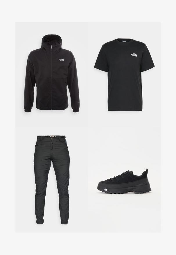 Jachetă neagră, impermeabilă, cu fermoar complet, glugă ajustabilă, manșete elastice și un logo pe piept; ușoară, cu o textură netedă.; Tricou negru din bumbac, cu mâneci scurte, guler rotund și un mic logo alb pe pieptul stâng. Design simplu, textură netedă și croială lejeră.; Pantaloni negri, conici, fabricați dintr-un material durabil. Caracteristicile includ un fermoar frontal, bucle pentru curea și buzunare laterale cu fermoar. Textură fină.; Tenisi de exterior negri cu superior din daim, talpă din cauciuc texturat și sistem de șireturi solid. Prezintă un călcâi întărit și un logo al mărcii pe lateral.