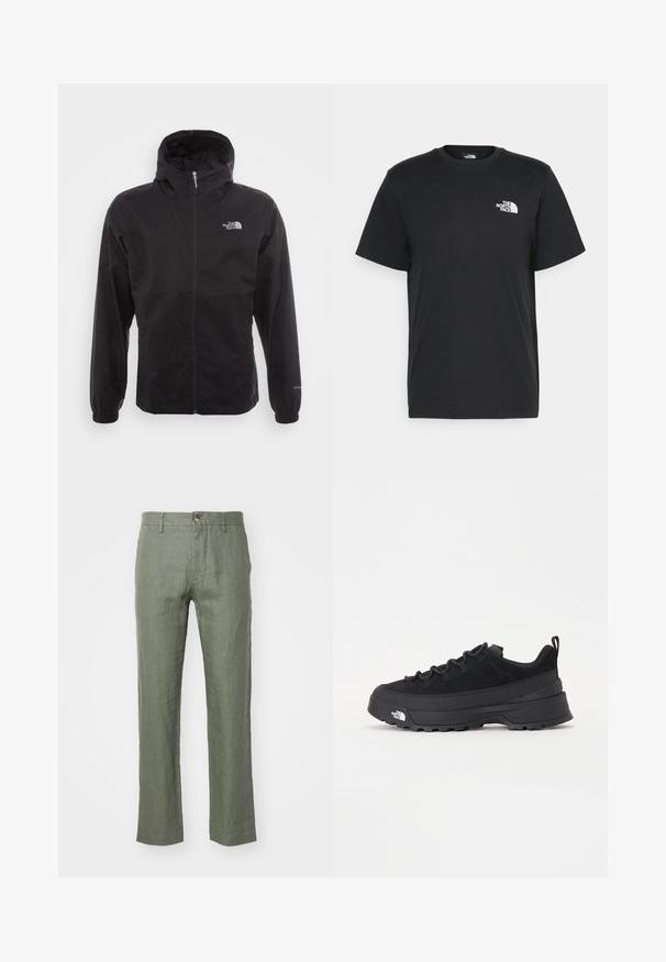 Svart vattentät jacka med full dragkedja, justerbar huva, elastiska ärmslut och en logotyp på bröstet; lätt och slät textur.; Svart bomull t-shirt med kort ärm, rund halsringning och en liten vit logga på vänster bröst. Enkelt design, mjuk textur och avslappnad passform.; Lätta, olivgröna linbyxor med rak benpassform, med knappstängning och en strukturerad yta. Inga synliga fickor.; Svart utomhussko med ovandel i mocka, texturerad gummisula och robust snörningssystem. Har en förstärkt häl och varumärkeslogotyp på sidan.