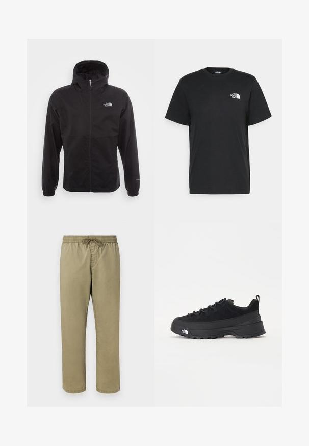 Black waterproof jacket with a full zip, adjustable hood, elastic cuffs, and a logo on the chest; lightweight, smooth texture.; Black cotton t-shirt with short sleeves, crew neck, and a small white logo on the left chest. Simple design, smooth texture, and relaxed fit.; Khaki-colored pants with an elastic waistband and drawstring, featuring a smooth texture and straight leg design.; Black outdoor sneaker with a suede upper, textured rubber sole, and sturdy lacing system. Features a reinforced heel and brand logo on the side.