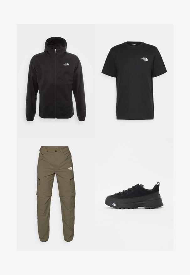 Black waterproof jacket with a full zip, adjustable hood, elastic cuffs, and a logo on the chest; lightweight, smooth texture.; Black cotton t-shirt with short sleeves, crew neck, and a small white logo on the left chest. Simple design, smooth texture, and relaxed fit.; The North Face EXPLORATION TAPERED CONVERTIBLE - Outdoor trousers - new taupe green; Black outdoor sneaker with a suede upper, textured rubber sole, and sturdy lacing system. Features a reinforced heel and brand logo on the side.