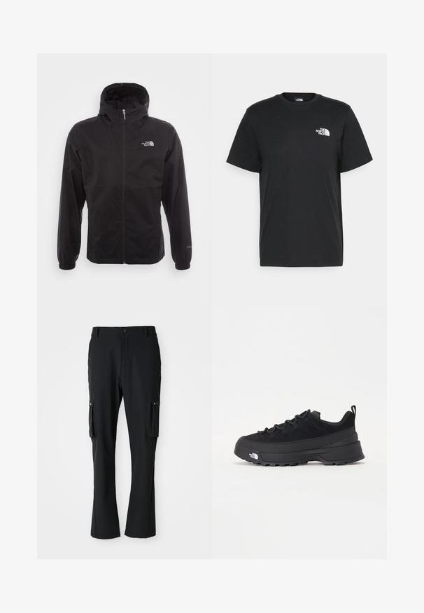 Black waterproof jacket with a full zip, adjustable hood, elastic cuffs, and a logo on the chest; lightweight, smooth texture.; Black cotton t-shirt with short sleeves, crew neck, and a small white logo on the left chest. Simple design, smooth texture, and relaxed fit.; Black cargo pants made of lightweight fabric, featuring two side pockets, button closure, and a straight leg design.; Black outdoor sneaker with a suede upper, textured rubber sole, and sturdy lacing system. Features a reinforced heel and brand logo on the side.
