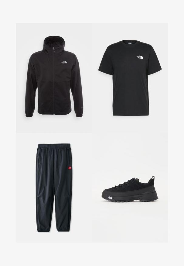 Jachetă neagră, impermeabilă, cu fermoar complet, glugă ajustabilă, manșete elastice și un logo pe piept; ușoară, cu o textură netedă.; Tricou negru din bumbac, cu mâneci scurte, guler rotund și un mic logo alb pe pieptul stâng. Design simplu, textură netedă și croială lejeră.; Pantaloni negri ușori din material sintetic, cu un brâu elastic, buzunare laterale cu fermoar și o mică inscripție roșie.; Tenisi de exterior negri cu superior din daim, talpă din cauciuc texturat și sistem de șireturi solid. Prezintă un călcâi întărit și un logo al mărcii pe lateral.