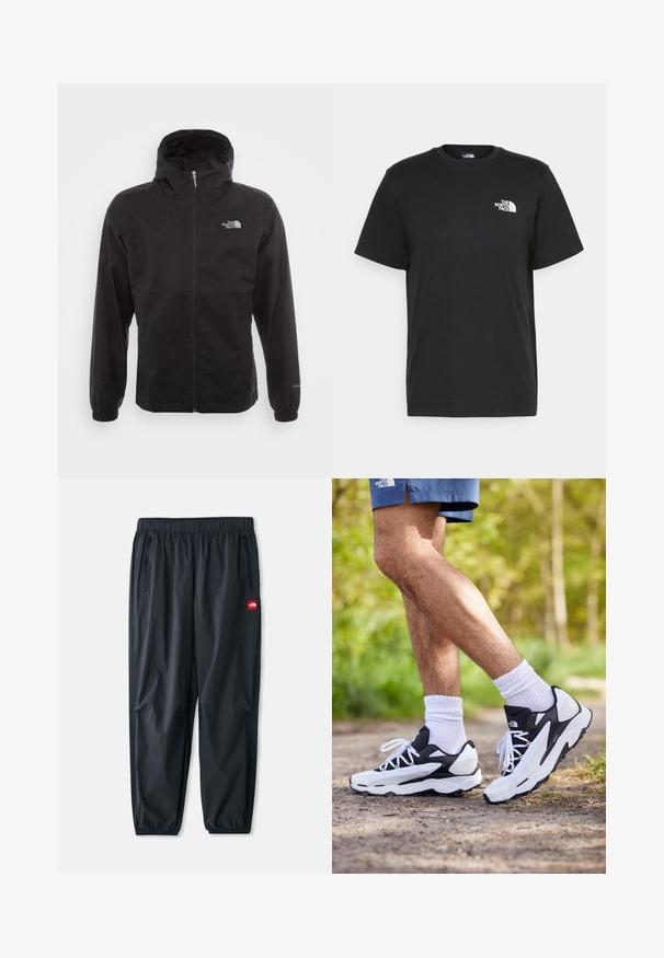 Crna vodootporna jakna s punim patentnim zatvaračem, podesivim kapuljačom, elastičnim manžetama i logom na prsima; lagana, glatke teksture.; Crna pamučna majica s kratkim rukavima, okruglim izrezom i malim bijelim logotipom na lijevoj strani prsa. Jednostavan dizajn, glatka tekstura i opušteni kroj.; Crne lagane hlače od sintetičkog materijala, s elastičnom waistband, bočnim džepovima sa patentnim zatvaračem i malim crvenim logotipom.; Crne i bijele atletske tenisice s mrežastim gornjim dijelom, teksturiranim detaljima i bijelim vezicama. Nosene s bijelim čarapama do gležnja i tamnoplavim šortsem na stazi.