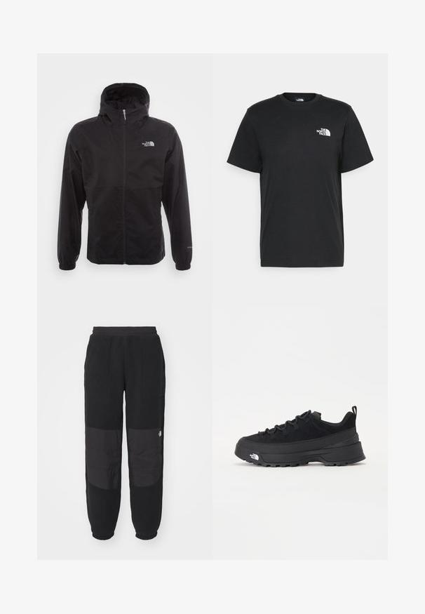 Giacca nera impermeabile con zip completa, cappuccio regolabile, polsini elasticizzati e logo sul petto; leggera, con texture liscia.; T-shirt nera in cotone con maniche corte, colletto a giro, e un piccolo logo bianco sul lato sinistro del petto. Design semplice, texture liscia e vestibilità rilassata.; The North Face M RETRO DENALI PANT - Pantaloni sportivi - black; Sneaker da esterno nera con parte superiore in suede, suola in gomma testurizzata e robusto sistema di allacciatura. Presenta un tallone rinforzato e il logo del marchio sul lato.