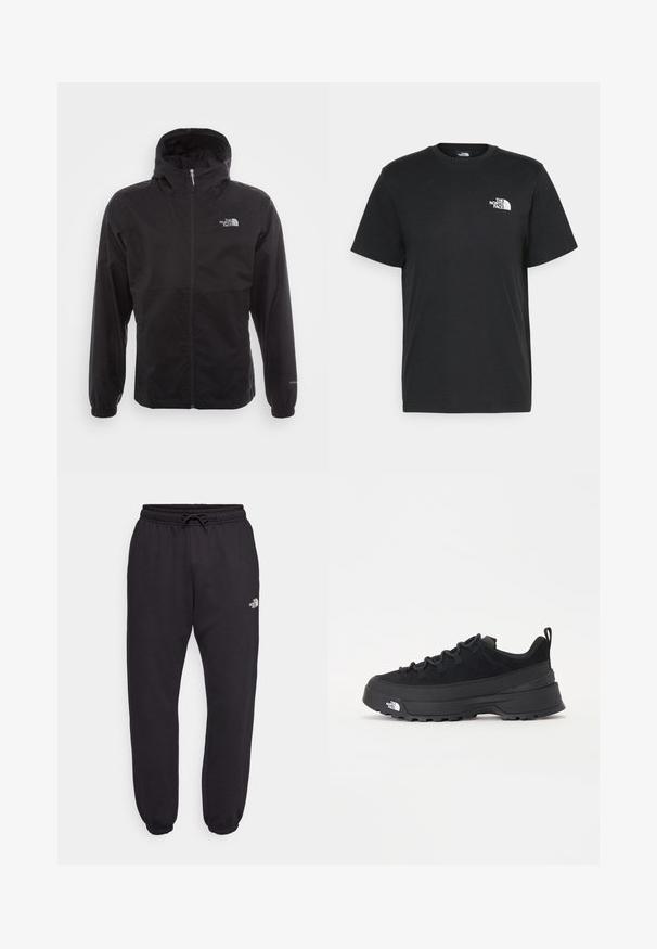 Jachetă neagră, impermeabilă, cu fermoar complet, glugă ajustabilă, manșete elastice și un logo pe piept; ușoară, cu o textură netedă.; Tricou negru din bumbac, cu mâneci scurte, guler rotund și un mic logo alb pe pieptul stâng. Design simplu, textură netedă și croială lejeră.; Pantaloni de trening negri cu talie elastică, șnur și manșete. Prezintă un mic logo alb în partea superioară. Textură moale a materialului.; Tenisi de exterior negri cu superior din daim, talpă din cauciuc texturat și sistem de șireturi solid. Prezintă un călcâi întărit și un logo al mărcii pe lateral.
