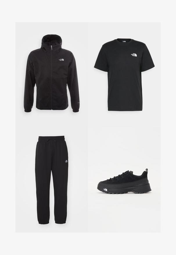 Chaqueta negra impermeable con cremallera completa, capucha ajustable, puños elásticos y un logo en el pecho; ligera, con textura suave.; Camiseta de algodón negro con mangas cortas, cuello redondo y un pequeño logo blanco en el lado izquierdo del pecho. Diseño simple, textura suave y ajuste relajado.; Pantalones de chándal negros de tela suave, con cinturilla elástica y cordón, tobillos ajustados y un pequeño logo en el muslo superior.; Zapatilla negra de exterior con parte superior de ante, suela de goma texturizada y un sólido sistema de cordones. Cuenta con un talón reforzado y el logotipo de la marca en el lateral.