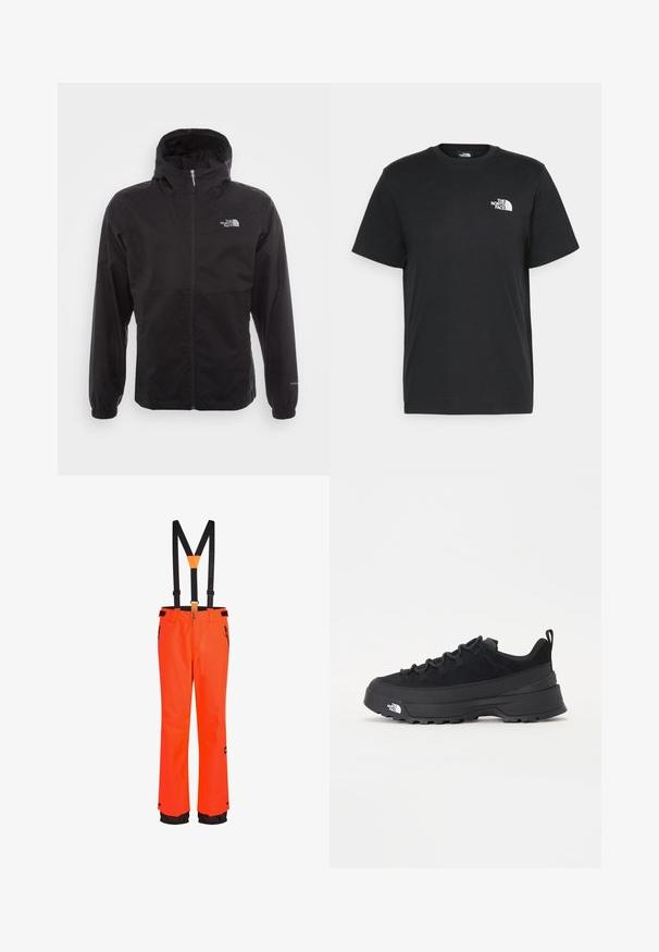 Schwarze wasserdichte Jacke mit durchgehendem Reißverschluss, verstellbarem Kapuzen, elastischen Bündchen und einem Logo auf der Brust; leicht und mit glatter Textur.; Schwarzes Baumwoll-T-Shirt mit kurzen Ärmeln, Rundhalsausschnitt und einem kleinen weißen Logo auf der linken Brust. Schlichtes Design, glatte Textur und lockere Passform.; Orange wasserfeste Skihosen mit verstellbaren schwarzen Trägern, Reißverschlusstaschen und schwarzen Akzenten an den Bündchen. Strapazierfähiger Stoff, gerade Beinform.; Schwarzer Outdoorsneaker mit einem Obermaterial aus Wildleder, strukturierter Gummisohle und robustem Schnürsystem. Verfügt über eine verstärkte Ferse und das Markenlogo an der Seite.