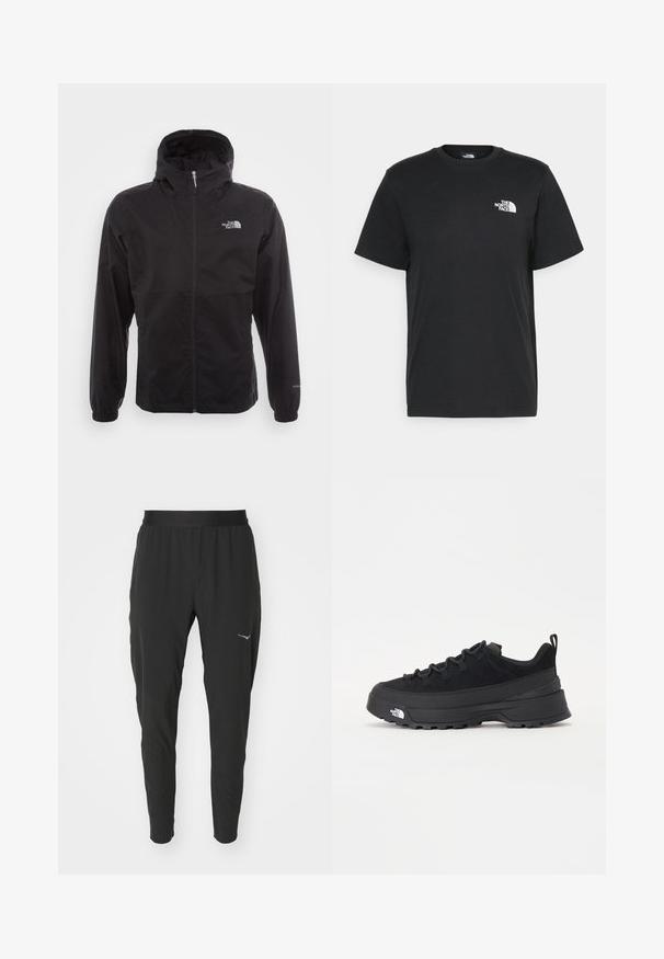 Melna ūdensnecaurlaidīga jaka ar pilnu rāvējslēdzēju, regulējamu kapuci, elastīgām piedurknēm un logo uz krūtīm; viegla, gluda tekstūra.; Melna kokvilnas T-krekls ar īsām piedurknēm, apaļu kakla izgriezumu un mazu balto logotipu kreisajā krūtīs. Vienkāršs dizains, gluda tekstūra un brīvs piegriezums.; Melnas sporta bikses ar konusveida dizainu, elastīgu jostu un mazu zilu logotipa akcentu kreisajā pusē. Mīksts, viegls audums.; Melni āra sporta apavi ar zamšādas virsu, teksturētu gumijas zoli un izturīgu auklu sistēmu. Iezīmēts ar pastiprinātu papēdi un zīmola logo sānu daļā.