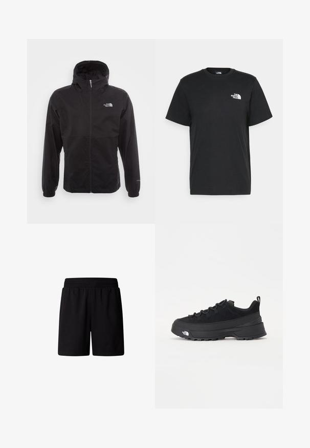 Black waterproof jacket with a full zip, adjustable hood, elastic cuffs, and a logo on the chest; lightweight, smooth texture.; Black cotton t-shirt with short sleeves, crew neck, and a small white logo on the left chest. Simple design, smooth texture, and relaxed fit.; Black athletic shorts with an elastic waistband. Made from soft, lightweight fabric with a smooth texture and no visible patterns or embellishments.; Black outdoor sneaker with a suede upper, textured rubber sole, and sturdy lacing system. Features a reinforced heel and brand logo on the side.
