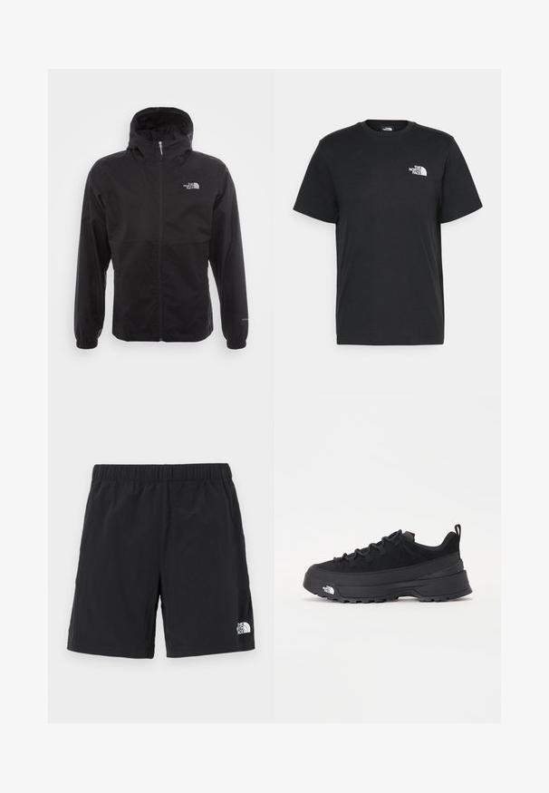 Čierna nepremokavá bunda s plným zipsom, nastaviteľnou kapucňou, elastickými manžetami a logom na hrudi; ľahká, s hladkou textúrou.; Čierne bavlnené tričko s krátkymi rukávmi, klasickým výstrihom a malým bielym logom na ľavej hrudi. Jednoduchý dizajn, hladká textúra a voľný strih.; Čierne šortky vyrobené z ľahkej tkaniny, s elastickým pásom a malým bielym logom na dolnej pravej strane.; Čierne vonkajšie tenisky so zvrškom z semišu, štruktúrovanou gumovou podrážkou a pevným šnurovaním. Obsahujú vystužený opätok a logo značky na boku.