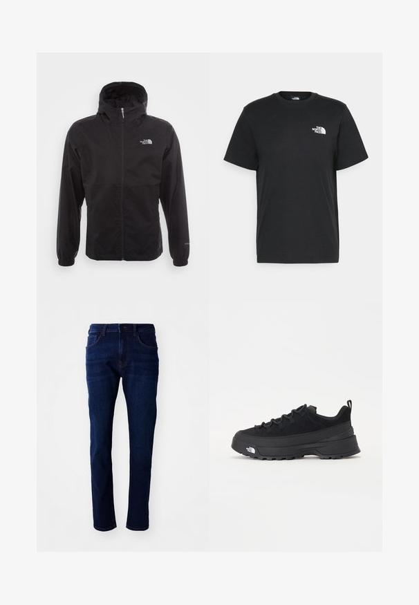 Crna vodootporna jakna s punim patentnim zatvaračem, podesivim kapuljačom, elastičnim manžetama i logom na prsima; lagana, glatke teksture.; Crna pamučna majica s kratkim rukavima, okruglim izrezom i malim bijelim logotipom na lijevoj strani prsa. Jednostavan dizajn, glatka tekstura i opušteni kroj.; Tamno plave traperice s ravnim nogavicama, pet džepova i klasičnim dugmadima. Tkanina ima glatku teksturu s blagim izblijedjelim efektom.; Crne vanjske tenisice s gornjim dijelom od antilopa, teksturiranim gumenim potplatom i čvrstim sustavom vezanja. Imaju ojačan petni deo i logo brenda sa strane.