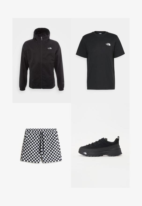 Black waterproof jacket with a full zip, adjustable hood, elastic cuffs, and a logo on the chest; lightweight, smooth texture.; Black cotton t-shirt with short sleeves, crew neck, and a small white logo on the left chest. Simple design, smooth texture, and relaxed fit.; Black and white checkered swim shorts with an elastic waistband, drawstring, and side pockets, featuring a smooth, lightweight fabric.; Black outdoor sneaker with a suede upper, textured rubber sole, and sturdy lacing system. Features a reinforced heel and brand logo on the side.