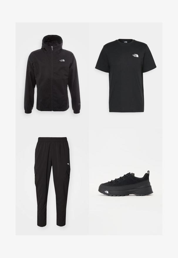 Fekete, vízálló dzseki teljes cipzárral, állítható kapucnival, rugalmas mandzsettákkal és mellkasi logóval; könnyű, sima textúrájú.; Fekete pamut póló, rövid ujjú, kerek nyakkivágással és egy kis fehér logóval a bal mellrészen. Egyszerű dizájn, sima textúra és laza fazon.; Fekete cargo nadrág rugalmas derékkal, oldalsó zsebekkel és karcsú, könnyű anyagból készült. Kényelmes mindennapi viseletre vagy aktív tevékenységekre.; Fekete kültéri sneaker velúr felsőrésszel, texturált gumitalppal és strapabíró fűzőrendszerrel. Megerősített sarkú és oldalán márkalogóval rendelkezik.