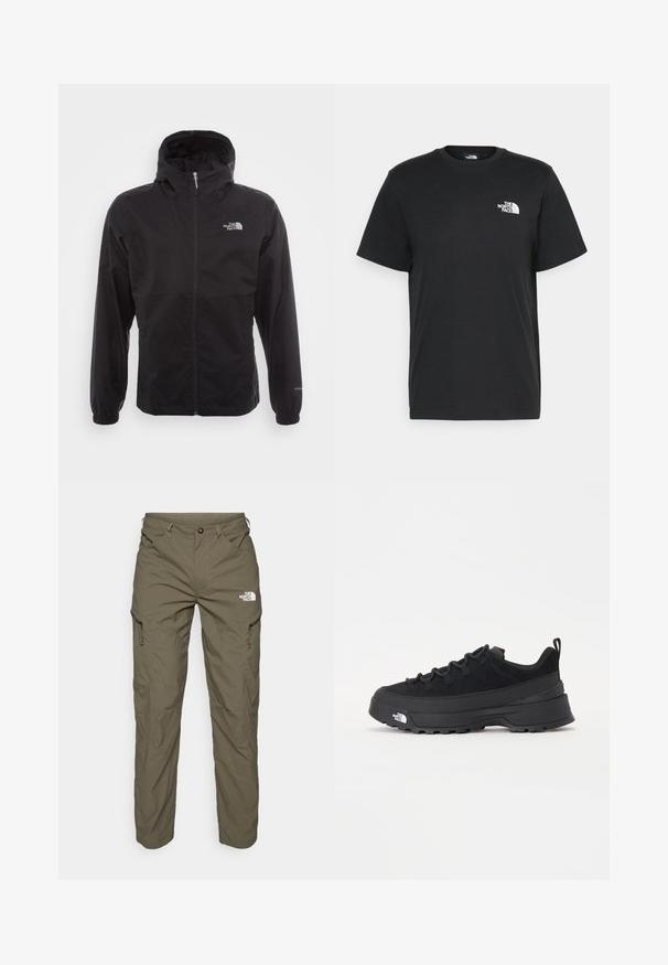 Melna ūdensnecaurlaidīga jaka ar pilnu rāvējslēdzēju, regulējamu kapuci, elastīgām piedurknēm un logo uz krūtīm; viegla, gluda tekstūra.; Melna kokvilnas T-krekls ar īsām piedurknēm, apaļu kakla izgriezumu un mazu balto logotipu kreisajā krūtīs. Vienkāršs dizains, gluda tekstūra un brīvs piegriezums.; Olīvu zaļas āra bikses, kas izgatavotas no viegla auduma, ar kravu kabatām, rāvējslēdzēju akcentiem un logotipu uz augšstilba.; Melni āra sporta apavi ar zamšādas virsu, teksturētu gumijas zoli un izturīgu auklu sistēmu. Iezīmēts ar pastiprinātu papēdi un zīmola logo sānu daļā.