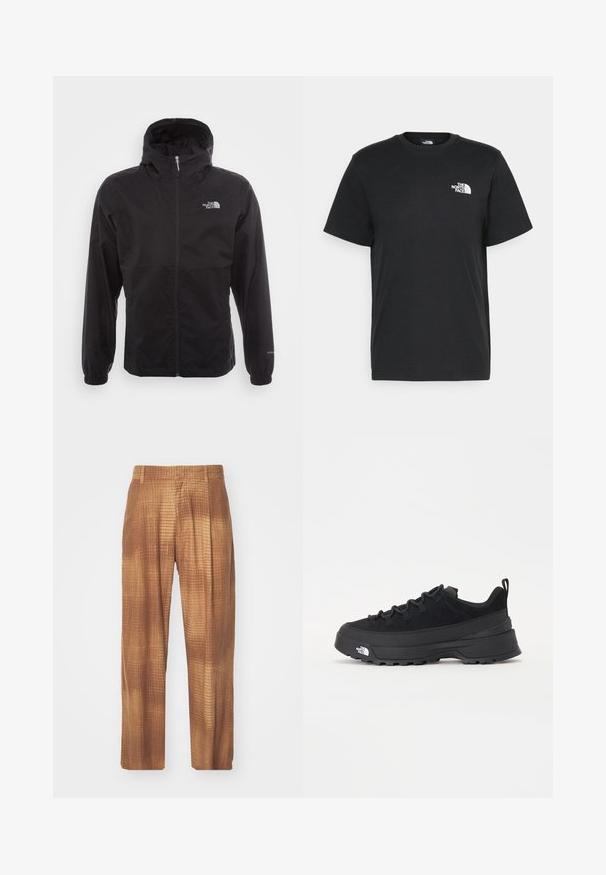Svart vanntett jakke med full glidelås, justerbar hette, elastiske mansjetter og logo på brystet; lett, glatt tekstur.; Svart bomull t-skjorte med korte ermer, rund hals og en liten hvit logo på venstre bryst. Enkel design, glatt tekstur og avslappet passform.; Brune mønstrede bukser med en tekstureret overflade, der har en løs pasform og lige ben. Stoffet har et subtilt rutenetdesign.; Svart utendørs sneakers med overdel i semsket skinn, teksturert gummisåle og solid snøresystem. Har forsterket hæl og merkevarelogo på siden.