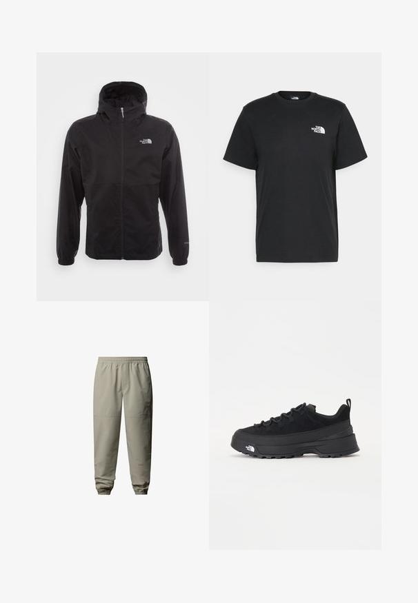 Black waterproof jacket with a full zip, adjustable hood, elastic cuffs, and a logo on the chest; lightweight, smooth texture.; Black cotton t-shirt with short sleeves, crew neck, and a small white logo on the left chest. Simple design, smooth texture, and relaxed fit.; Light beige, elastic-waist joggers with tapered cuffs, made from smooth, water-resistant fabric. Features subtle logo detail.; Black outdoor sneaker with a suede upper, textured rubber sole, and sturdy lacing system. Features a reinforced heel and brand logo on the side.