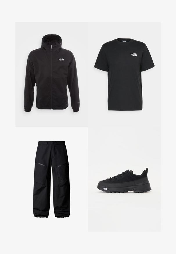 Casaco impermeável preto com fecho completo, capuz ajustável, punhos elásticos e um logótipo no peito; leve, com textura suave.; T-shirt de algodão preto com mangas curtas, decote redondo e um pequeno logótipo branco no lado esquerdo do peito. Design simples, textura suave e corte relaxado.; Calças cargo pretas com um corte largo, apresentando vários bolsos com fecho de correr e punhos elásticos. Fabricadas em tecido leve e durável.; Sapatilha de exterior preta com parte superior em camurça, sola de borracha texturizada e sistema de atacadores robusto. Apresenta um calcanhar reforçado e o logótipo da marca na lateral.