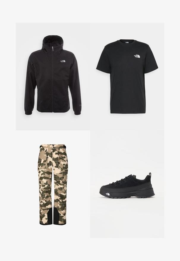 Sort vandtæt jakke med fuld lynlås, justerbar hætte, elastiske manchetter og et logo på brystet; letvægts, glat tekstur.; Sort bomulds t-shirt med korte ærmer, rund hals og et lille hvidt logo på venstre bryst. Enkel design, glat tekstur og afslappet pasform.; Kamuflage-mønstrede bukser i beige og grøn. Lavet af syntetisk materiale med en løs pasform og flere lommer. Sorte detaljer ved manchetterne.; Sort udendørs sneakers med overdel i ruskind, tekstureret gummisål og robust snøringssystem. Har en forstærket hæl og logo fra mærket på siden.