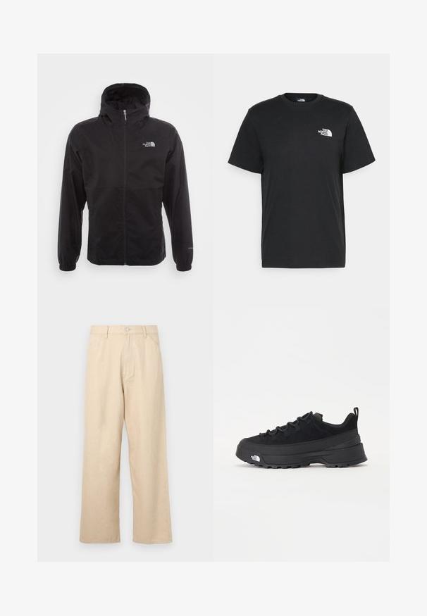 Μαύρο αδιάβροχο μπουφάν με πλήρες φερμουάρ, ρυθμιζόμενη κουκούλα, ελαστικές μανσέτες και λογότυπο στο στήθος; ελαφρύ, με λεία υφή.; Μαύρο βαμβακερό t-shirt με κοντά μανίκια, στρογγυλή λαιμόκοψη και μικρό λευκό λογότυπο στην αριστερή πλευρά του στήθους. Απλός σχεδιασμός, λείο υλικό και άνετη εφαρμογή.; Μπεζ παντελόνια σε ίσια γραμμή από τζην με υφή, με μπροστινή κουμπί και κλασικό σχέδιο πέντε τσεπών.; Μαύρο εξωτερικό αθλητικό παπούτσι με σουέτ άνω μέρος, υφασμένο καουτσούκ σόλα και ανθεκτικό σύστημα δέσης. Διαθέτει ενισχυμένη φτέρνα και λογότυπο της μάρκας στο πλάι.