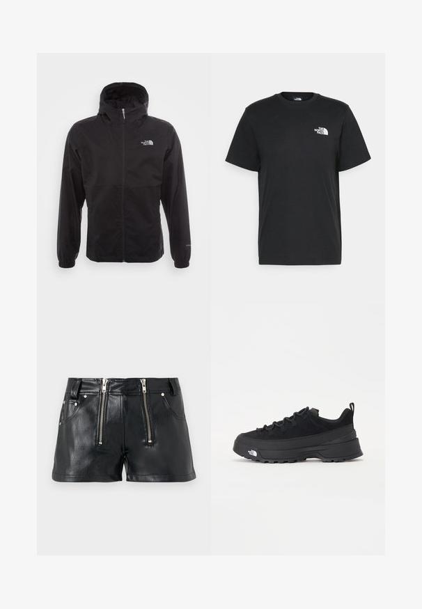 Čierna nepremokavá bunda s plným zipsom, nastaviteľnou kapucňou, elastickými manžetami a logom na hrudi; ľahká, s hladkou textúrou.; Čierne bavlnené tričko s krátkymi rukávmi, klasickým výstrihom a malým bielym logom na ľavej hrudi. Jednoduchý dizajn, hladká textúra a voľný strih.; Čierne kraťasy z falošnej kože s dvojitými prednými zipsami, dvoma bočnými vreckami a hladkou, lesklou textúrou. Krátka dĺžka a prispôsobený strih.; Čierne vonkajšie tenisky so zvrškom z semišu, štruktúrovanou gumovou podrážkou a pevným šnurovaním. Obsahujú vystužený opätok a logo značky na boku.