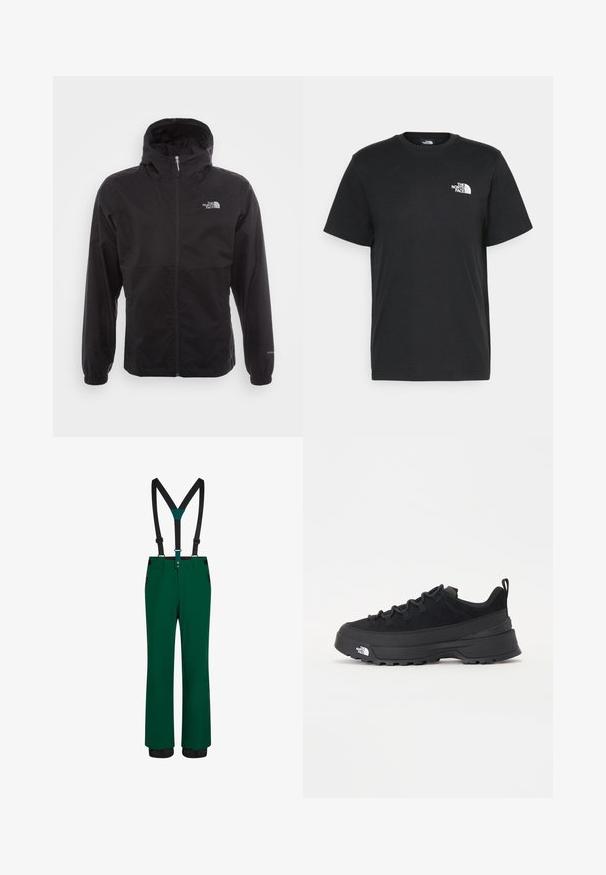 Schwarze wasserdichte Jacke mit durchgehendem Reißverschluss, verstellbarem Kapuzen, elastischen Bündchen und einem Logo auf der Brust; leicht und mit glatter Textur.; Schwarzes Baumwoll-T-Shirt mit kurzen Ärmeln, Rundhalsausschnitt und einem kleinen weißen Logo auf der linken Brust. Schlichtes Design, glatte Textur und lockere Passform.; Grüne Schneehosen mit schwarzen verstellbaren Trägern, Reißverschlusstaschen, geradem Schnitt und verstärkten Säumen für Haltbarkeit. Glatte Textur.; Schwarzer Outdoorsneaker mit einem Obermaterial aus Wildleder, strukturierter Gummisohle und robustem Schnürsystem. Verfügt über eine verstärkte Ferse und das Markenlogo an der Seite.