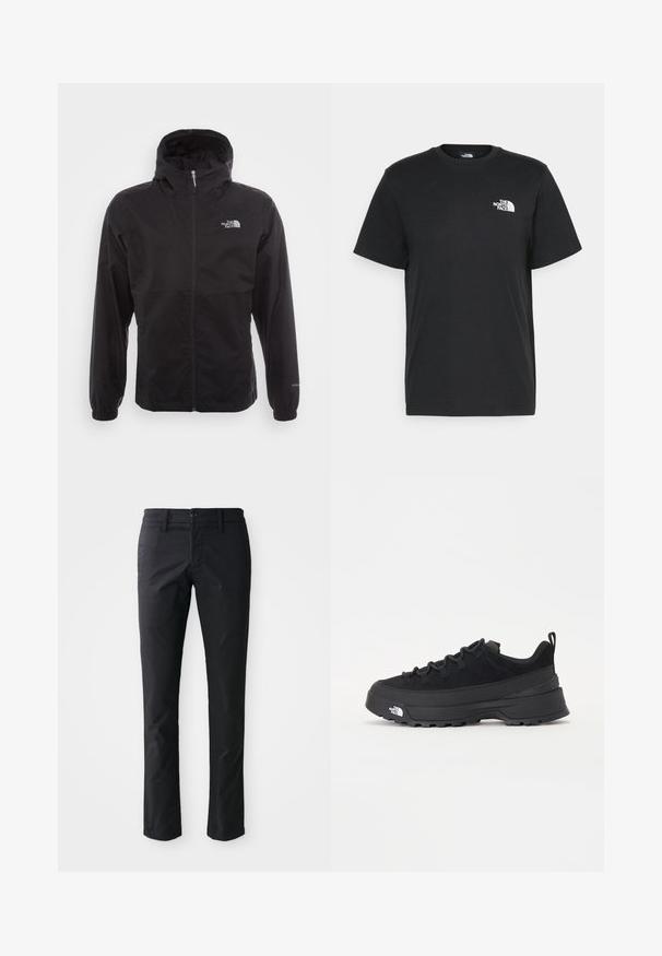 Veste noire imperméable avec une fermeture éclair intégrale, capuche ajustable, poignets élastiques et un logo sur la poitrine ; texture légère et lisse.; T-shirt en coton noir à manches courtes, col rond, avec un petit logo blanc sur la poitrine gauche. Design simple, texture lisse et coupe décontractée.; Pantalons droits noirs en tissu lisse avec une fermeture à un bouton et des passants de ceinture. Design minimaliste sans motifs visibles.; Baskets de plein air noires avec une tige en daim, semelle en caoutchouc texturé et un système de laçage robuste. Comprend un talon renforcé et un logo de la marque sur le côté.