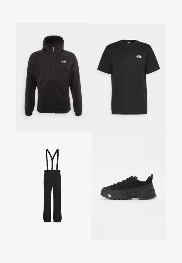 Schwarze wasserdichte Jacke mit durchgehendem Reißverschluss, verstellbarem Kapuzen, elastischen Bündchen und einem Logo auf der Brust; leicht und mit glatter Textur.; Schwarzes Baumwoll-T-Shirt mit kurzen Ärmeln, Rundhalsausschnitt und einem kleinen weißen Logo auf der linken Brust. Schlichtes Design, glatte Textur und lockere Passform.; Schwarze Schneehosen mit verstellbaren Trägern, vorderem Reißverschluss, seitlichen Reißverschlusstaschen und elastischen Bündchen am Saum für einen sicheren Sitz.; Schwarzer Outdoorsneaker mit einem Obermaterial aus Wildleder, strukturierter Gummisohle und robustem Schnürsystem. Verfügt über eine verstärkte Ferse und das Markenlogo an der Seite.