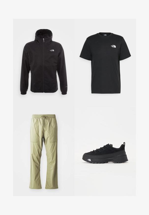 Casaco impermeável preto com fecho completo, capuz ajustável, punhos elásticos e um logótipo no peito; leve, com textura suave.; T-shirt de algodão preto com mangas curtas, decote redondo e um pequeno logótipo branco no lado esquerdo do peito. Design simples, textura suave e corte relaxado.; Calças cargo leves em verde-oliva, com cintura ajustável por cordão, dois bolsos frontais e um corte descontraído. Tecido de algodão suave, design de perna reta.; Sapatilha de exterior preta com parte superior em camurça, sola de borracha texturizada e sistema de atacadores robusto. Apresenta um calcanhar reforçado e o logótipo da marca na lateral.