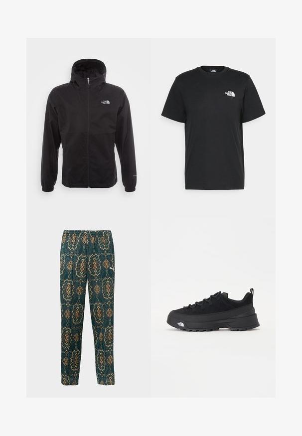 Črna vodotesna jakna s polnim zadrgo, nastavljivo kapuco, elastičnimi manšeti in logotipom na prsih; lahka, gladka tekstura.; Črna bombažna majica s kratkimi rokavi, okroglim izrezom in majhnim belim logotipom na levem prsnem delu. Preprost dizajn, gladka tekstura in sproščen kroj.; Pantalone s vzorjem v temno teal barvi z okrasnim zlatim in rjavim dizajnom. Ima elastičen pas in ravno krojenje. Iz lahkotnega blaga.; Črne zunanje teniske s zgornjim delom iz usnja z nubukom, teksturiranim gumijastim podplatom in trdnim vezalnim sistemom. Imajo ojačan petni del in logotip blagovne znamke na strani.