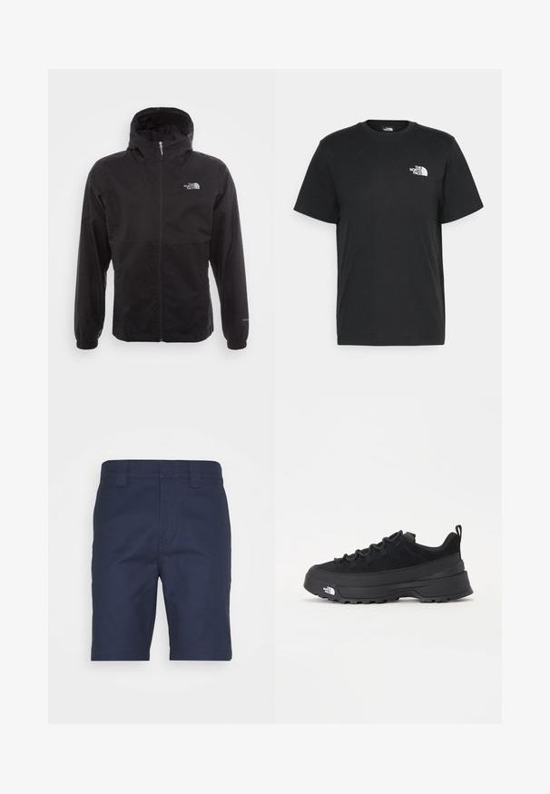 Black waterproof jacket with a full zip, adjustable hood, elastic cuffs, and a logo on the chest; lightweight, smooth texture.; Black cotton t-shirt with short sleeves, crew neck, and a small white logo on the left chest. Simple design, smooth texture, and relaxed fit.; Navy blue shorts made of smooth fabric, featuring a flat front, belt loops, and a classic cut. No visible patterns or accents.; Black outdoor sneaker with a suede upper, textured rubber sole, and sturdy lacing system. Features a reinforced heel and brand logo on the side.