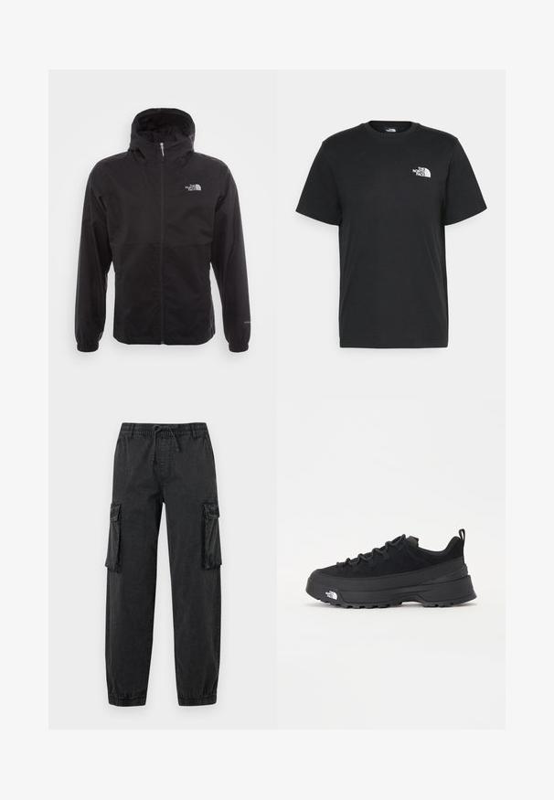 Melna ūdensnecaurlaidīga jaka ar pilnu rāvējslēdzēju, regulējamu kapuci, elastīgām piedurknēm un logo uz krūtīm; viegla, gluda tekstūra.; Melna kokvilnas T-krekls ar īsām piedurknēm, apaļu kakla izgriezumu un mazu balto logotipu kreisajā krūtīs. Vienkāršs dizains, gluda tekstūra un brīvs piegriezums.; Melni kravas bikses, izgatavotas no faktūrētas auduma, ar elastīgu jostasvietu un aukliņu. Iespējas iekškabatas un elastīgi aproces pie potītēm.; Melni āra sporta apavi ar zamšādas virsu, teksturētu gumijas zoli un izturīgu auklu sistēmu. Iezīmēts ar pastiprinātu papēdi un zīmola logo sānu daļā.