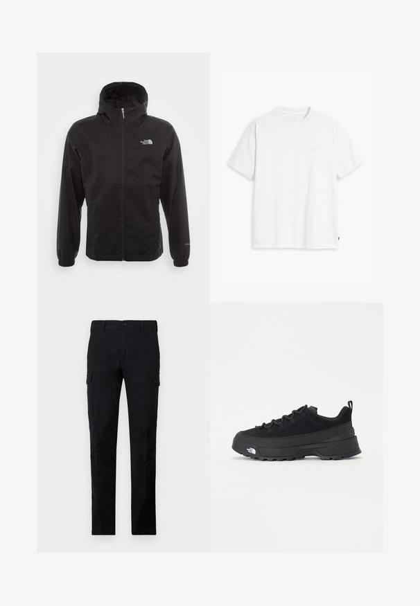 Zwarte waterdichte jack met volledige rits, verstelbare capuchon, elastische manchetten en een logo op de borst; lichtgewicht, gladde textuur.; Witte katoenen T-shirt met korte mouwen, ronde hals en subtiele Levi's logo gedrukt in het midden. Zachte textuur en standaard pasvorm.; Zwarte cargo broek van stevige stof, met eenRegular fit, knoopsluiting en twee zijvakken. Effen textuur zonder patronen.; Zwarte outdoor sneaker met een suede bovenkant, een gestructureerde rubberen zool en een stevig vetersysteem. Heeft een versterkte hiel en een merklogo aan de zijkant.
