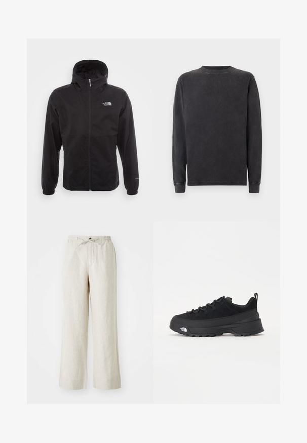 Svart vanntett jakke med full glidelås, justerbar hette, elastiske mansjetter og logo på brystet; lett, glatt tekstur.; Langermet genser med rund hals i mørkegrå, laget av en myk bomullsblanding. Har ribbestrikkede mansjetter og halslinning med en glatt, lett strukturert overflate.; Linenbukser i en lys beige farge, med løs passform, elastisk midje med snøring og sidelommer for bekvemmelighet.; Svart utendørs sneakers med overdel i semsket skinn, teksturert gummisåle og solid snøresystem. Har forsterket hæl og merkevarelogo på siden.