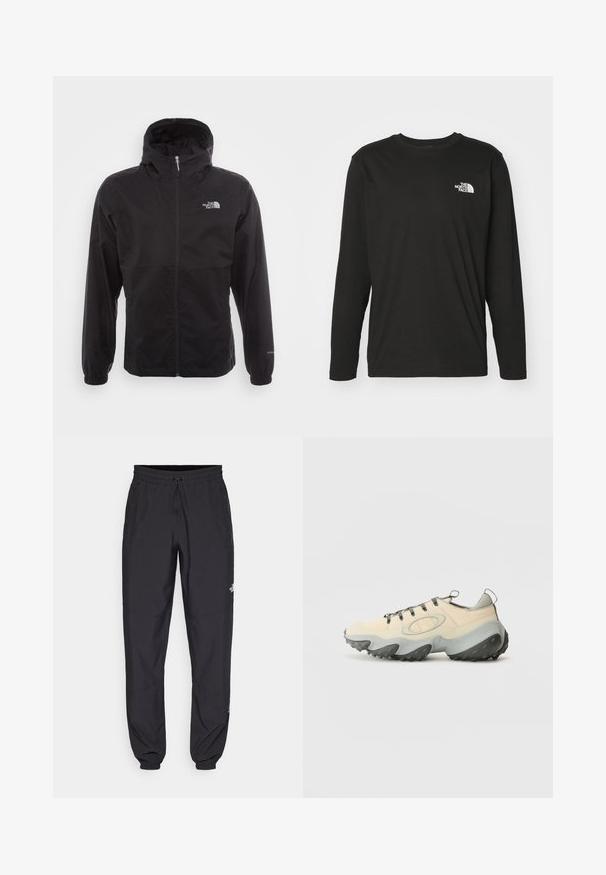 Sort vandtæt jakke med fuld lynlås, justerbar hætte, elastiske manchetter og et logo på brystet; letvægts, glat tekstur.; Langærmet sort t-shirt i bomuld med et hvidt logo fra The North Face på venstre bryst. Enkel design med rund hals.; Sorte atletiske bukser lavet af letvægtsstof, med en snor i taljen, sidelommer og tapered manchetter ved anklerne.; Beige atletiksko med en tekstureret mesh-overdel, grå gummisål, fremtrædende buet design og grå snørebånd. Har en pull tab på hælen.