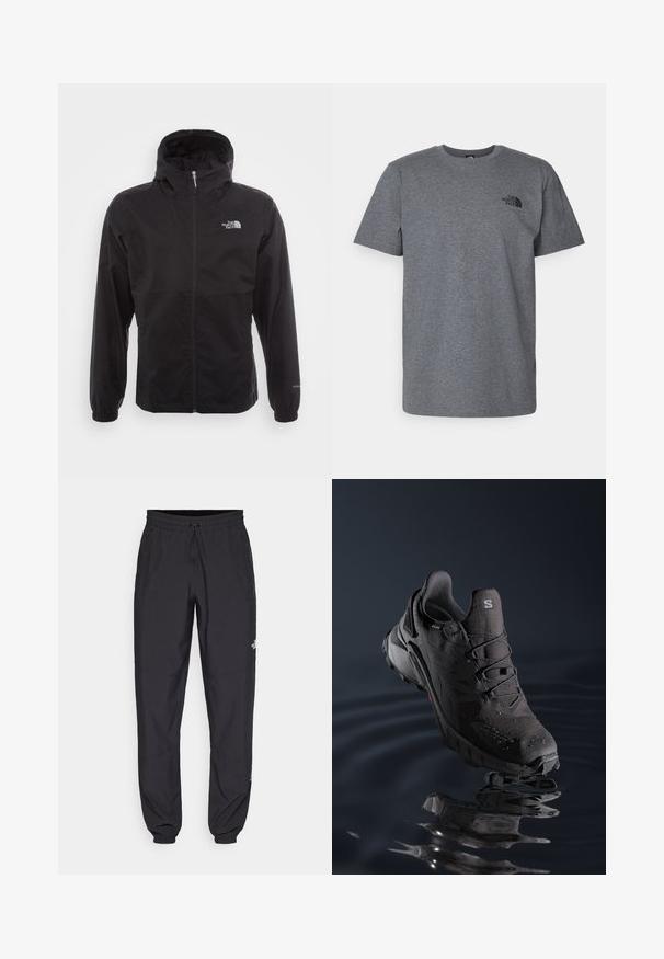 Melna ūdensnecaurlaidīga jaka ar pilnu rāvējslēdzēju, regulējamu kapuci, elastīgām piedurknēm un logo uz krūtīm; viegla, gluda tekstūra.; Pelēka kokvilnas T-krekls ar īsām piedurknēm, apaļu kakla izgriezumu un melnu logo, kas izdrukāts kreisajā augšējā krūtī. Mīksta tekstūra ar ikdienišķu piegriezumu.; Melni sporta bikses, kas izgatavotas no viegla auduma, ar savelcamu jostu, sānu kabatām un sašaurinātiem apakšējiem galiem pie potītēm.; Melna taku skriešanas kurpe ar teksturētu virsmu, saites sistēmu un gumijas zoli. Iezīmēts ar ūdensnecaurlaidīgu materiālu un sarkanām akcentiem.