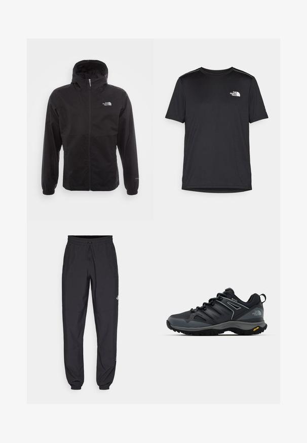 Jachetă neagră, impermeabilă, cu fermoar complet, glugă ajustabilă, manșete elastice și un logo pe piept; ușoară, cu o textură netedă.; Tricou negru cu mânecă scurtă, realizat dintr-un material ușor. Prezintă un mic logo alb pe pieptul stâng și accente subtile pe umeri.; Pantaloni atletici negri, confecționați dintr-un material ușor, cu un tiv elastic la talie, buzunare laterale și tivuri ajustate la gleznă.; Mocasin de drumeție negru cu un upper respirabil, accente texturate, talpă din cauciuc și detalii reflectorizante. Include un logo Vibram pe toc.