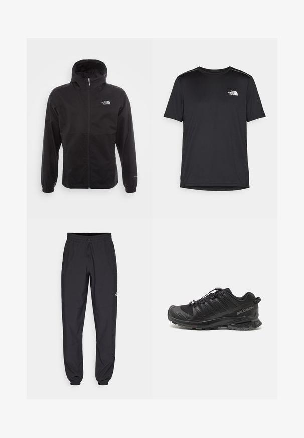 Giacca nera impermeabile con zip completa, cappuccio regolabile, polsini elasticizzati e logo sul petto; leggera, con texture liscia.; T-shirt nero a maniche corte realizzata in tessuto leggero. Presenta un piccolo logo bianco sul lato sinistro del petto e delicati dettagli sulle spalle.; Pantaloni sportivi neri realizzati in tessuto leggero, con vita regolabile con cordino, tasche laterali e orli affusolati alle caviglie.; Scarpa sportiva nera con tomaia in rete, suola in gomma e sistema di lacci elastici. Presenta una punta rinforzata e dettagli testurizzati.