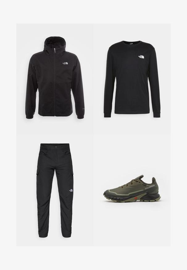 Veste noire imperméable avec une fermeture éclair intégrale, capuche ajustable, poignets élastiques et un logo sur la poitrine ; texture légère et lisse.; T-shirt à manches longues noir en coton, avec un logo blanc sur la poitrine gauche et des poignets côtelés. Texture lisse avec un col rond.; The North Face HORIZON PANT - Pantalons outdoor - black; Baskets de course vert olive avec un dessus en tissu texturé, semelle en caoutchouc noire, bout arrondi et design à lacets ajustables. Présente un accent rouge.