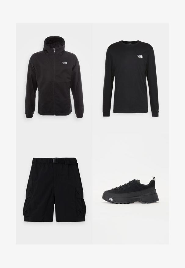 Svart vanntett jakke med full glidelås, justerbar hette, elastiske mansjetter og logo på brystet; lett, glatt tekstur.; Svart langermet t-skjorte i bomull, med en hvit logo på venstre bryst og ribbestrikkede mansjetter. Glatt tekstur med rund hals.; Svart cargo shorts med elastisk midje, justerbart belte og to side lommer med teksturert stofffinish.; Svart utendørs sneakers med overdel i semsket skinn, teksturert gummisåle og solid snøresystem. Har forsterket hæl og merkevarelogo på siden.