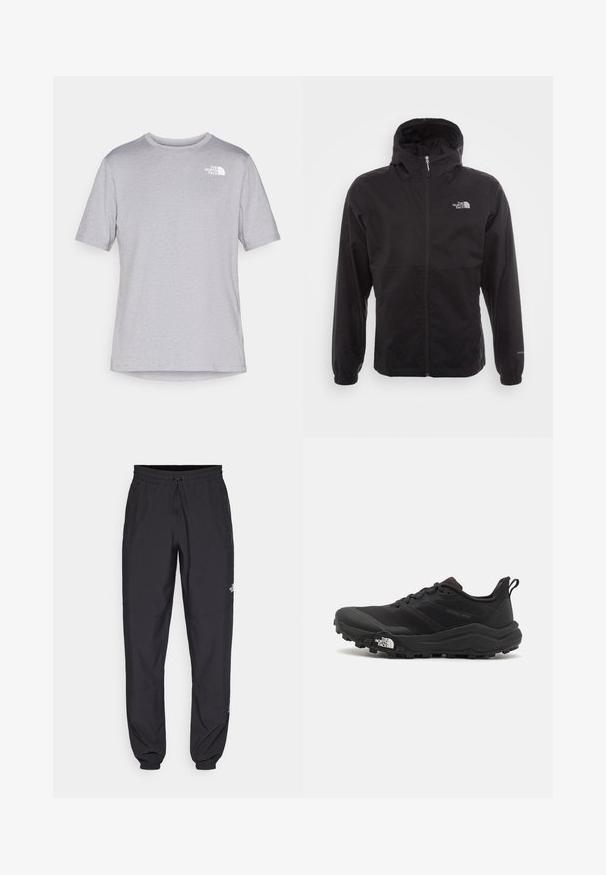 Casaco impermeável preto com fecho completo, capuz ajustável, punhos elásticos e um logótipo no peito; leve, com textura suave.; Camiseta cinza de manga curta com gola redonda, feita de um tecido leve, apresentando um pequeno logo branco no lado esquerdo do peito. Textura suave.; Calças atléticas pretas feitas de tecido leve, com um cós ajustável por cordão, bolsos laterais e punhos afunilados nos tornozelos.; Sapatilha de trail running preta com um upper texturizado, sola de borracha e biqueira reforçada. Possui um colarinho acolchoado e uma alça para facilitar o calçar.