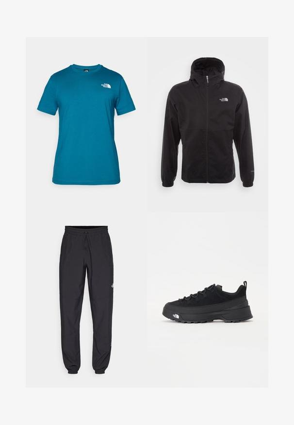 Melna ūdensnecaurlaidīga jaka ar pilnu rāvējslēdzēju, regulējamu kapuci, elastīgām piedurknēm un logo uz krūtīm; viegla, gluda tekstūra.; Tirkīza krāsa īsām piedurknēm T-kreklam, kas izgatavots no mīksta kokvilnas, ar baltu logo, kas drukāts kreisajā krūšu pusē, un klasisku apaļu kakla dizainu.; Melni sporta bikses, kas izgatavotas no viegla auduma, ar savelcamu jostu, sānu kabatām un sašaurinātiem apakšējiem galiem pie potītēm.; Melni āra sporta apavi ar zamšādas virsu, teksturētu gumijas zoli un izturīgu auklu sistēmu. Iezīmēts ar pastiprinātu papēdi un zīmola logo sānu daļā.
